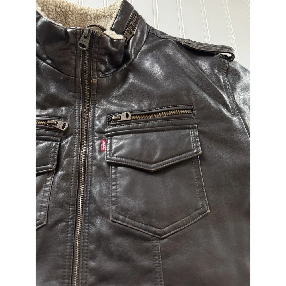 Levi's Faux Leather Aviator Bomber Jacket Sherpa Lined Brown‎ Men's L
